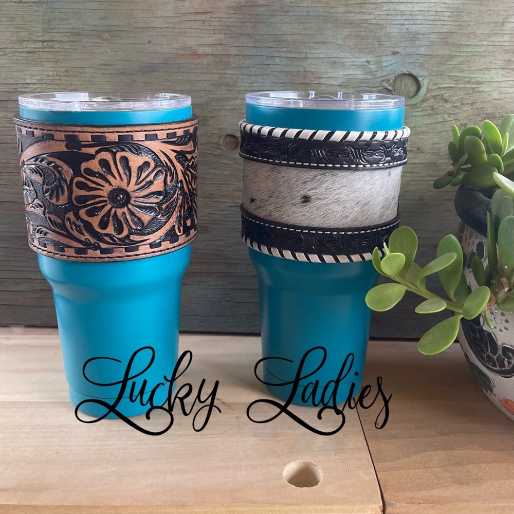 30oz Insulated Western Stamped & Hide Leather Sleeve Tumblers Handmade - Picture 4 of 5